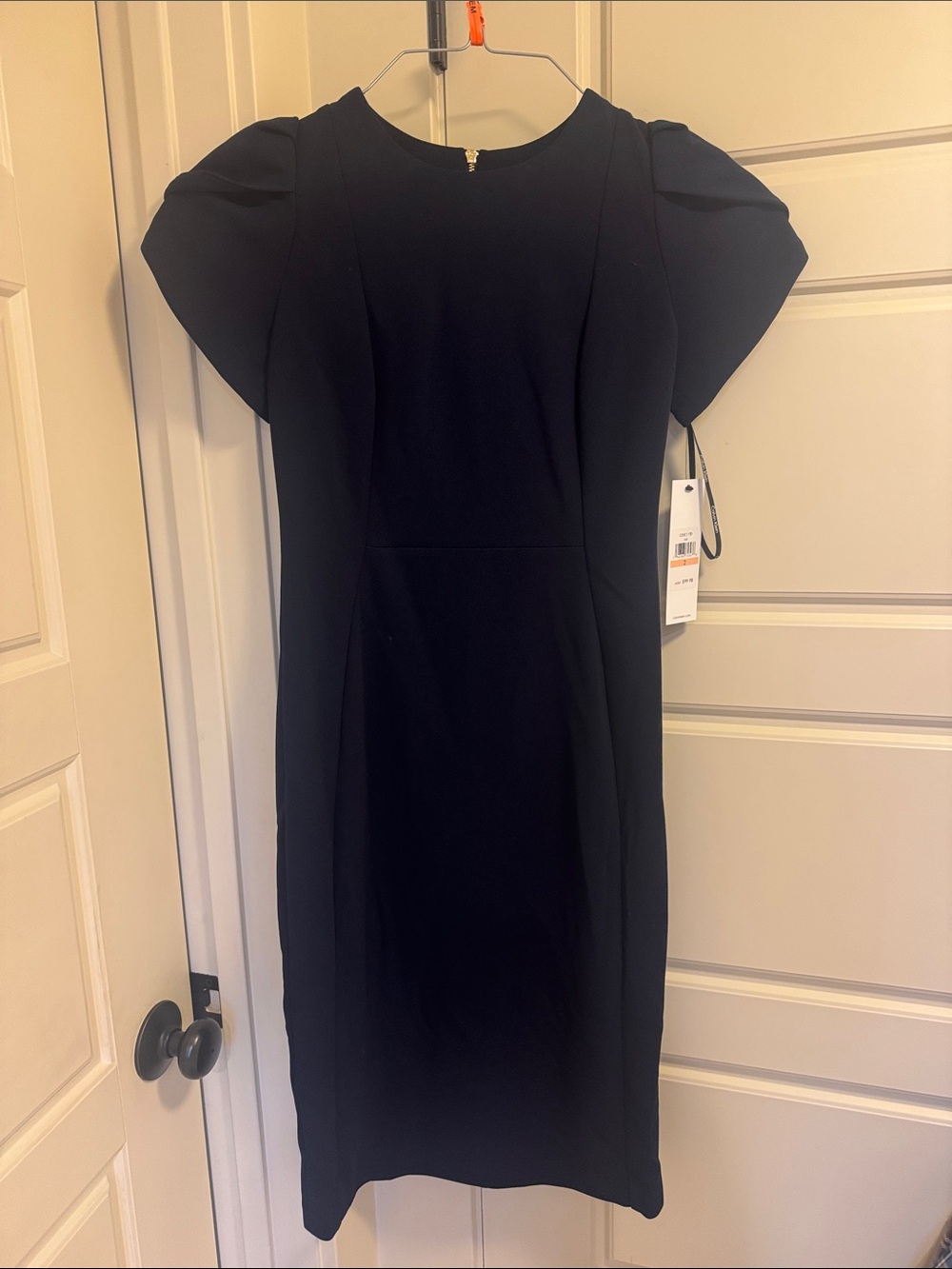 NWT Calvin Klein Navy Midi Sheath Dress with Puff Cap Sleeves